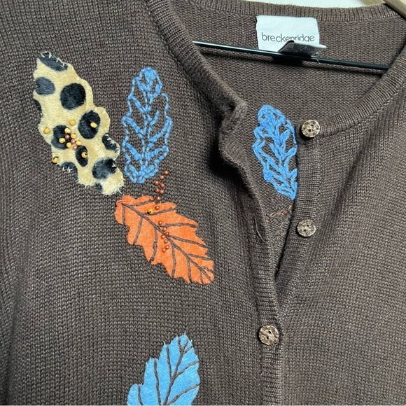 Breckenridge Women Cardigan Sweater XL Chocolate Brown Fall Leaves Artsy - Picture 2 of 10